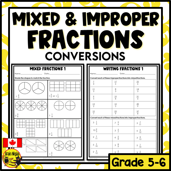 Fifth grade math worksheet showing colorful examples of mixed and improper fractions for students to practice identifying and converting between fraction types