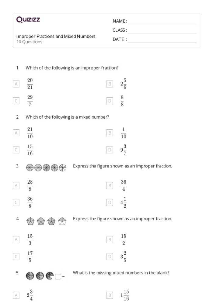 Fifth grade math worksheet number eight for mixed and improper fraction practice A worksheet featuring funny characters and math problems for practicing mixed and improper fractions in fifth grade