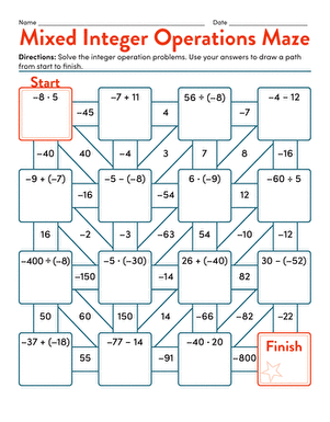 Mixed Integer Operations Maze Challenge Activity for Grade 7 Math Practice Seventh grade student solving mixed integer operations to find the correct path through a maze puzzle
