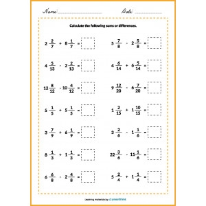Fourth grade math worksheet showing shaded fraction shapes used to solve mixed number addition and subtraction problems