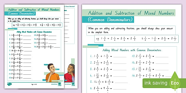 Fourth grade math worksheet showing shaded shapes used to solve mixed number addition and subtraction problems number 24