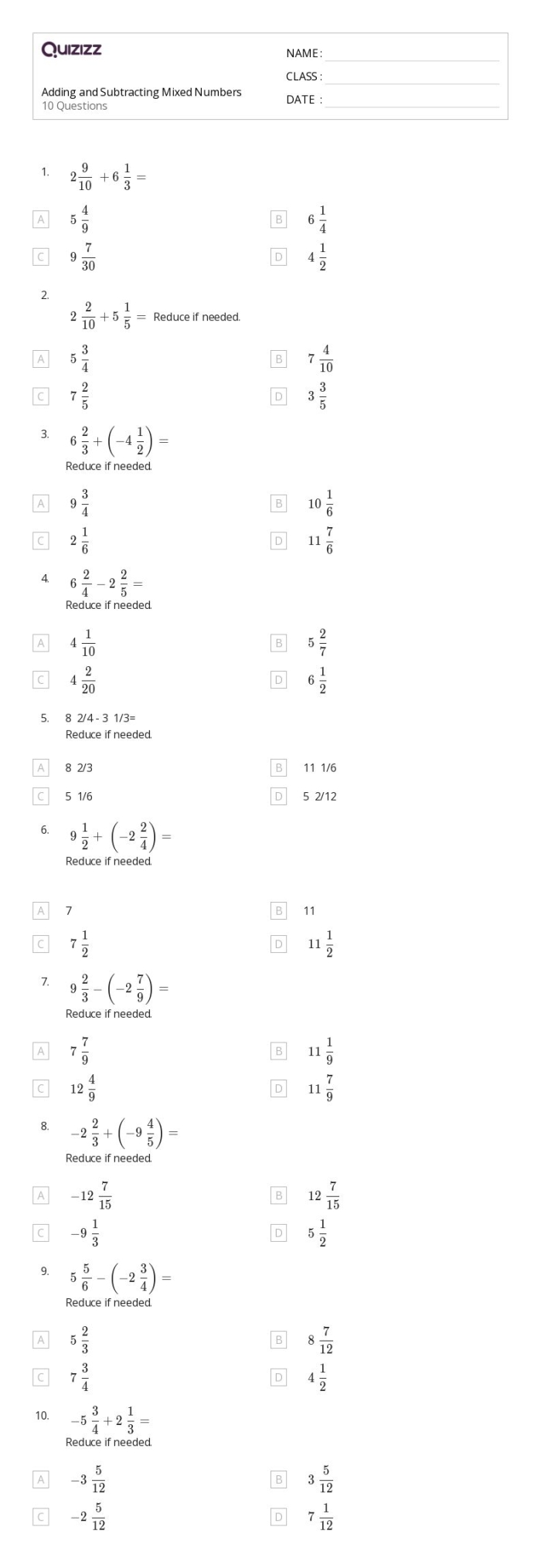 Fourth grade math worksheet for adding and subtracting mixed numbers using shaded shape diagrams