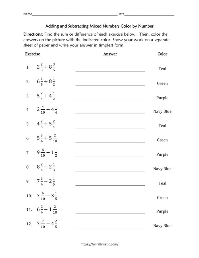 Fourth grade math worksheet showing shaded shapes used to solve addition and subtraction problems with mixed numbers