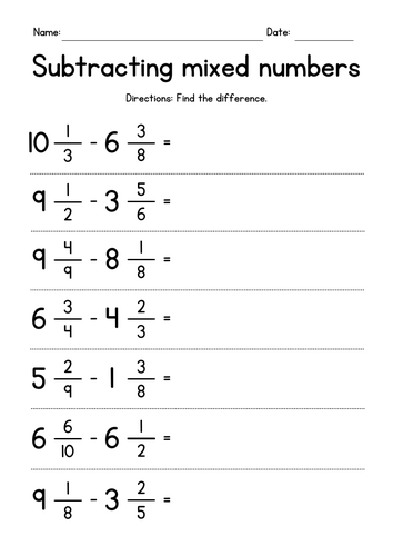 Worksheet for adding and subtracting mixed numbers for fifth graders