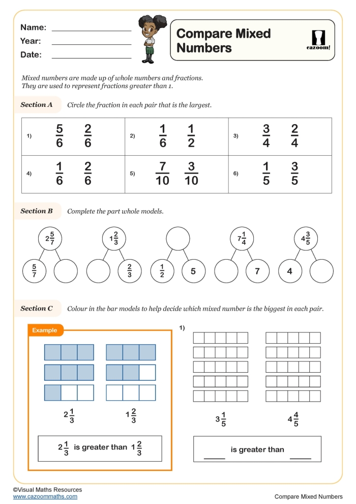 Mixed Numbers Worksheet Number 23 for Grade 3 Students Third grade math worksheet for identifying and practicing mixed numbers
