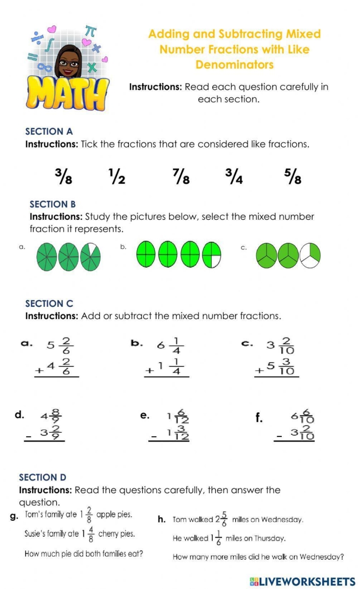 Adding and Subtracting with Mixed Numbers worksheet for Fourth Grade