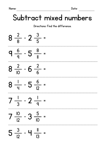 Fifth grade student completing a step by step adding and subtracting mixed numbers worksheet