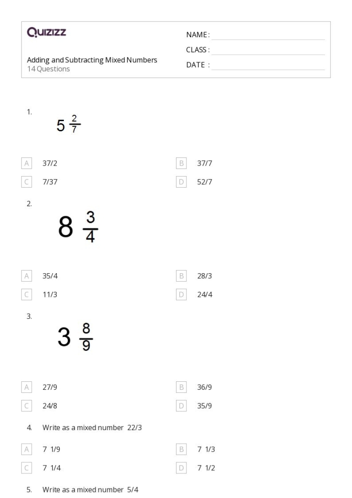 Fourth grade math worksheet showing shaded shapes used to solve addition and subtraction problems with mixed numbers