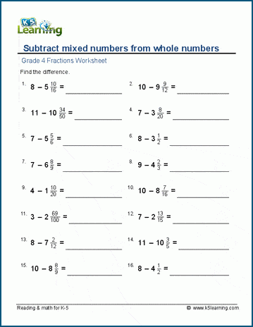 Fifth grade student working on a step-by-step adding and subtracting mixed numbers worksheet