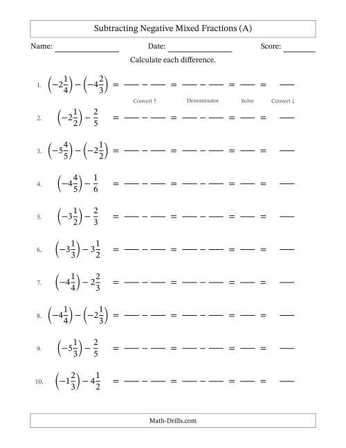 Fifth grade math student completing an Adding and Subtracting Mixed Numbers worksheet