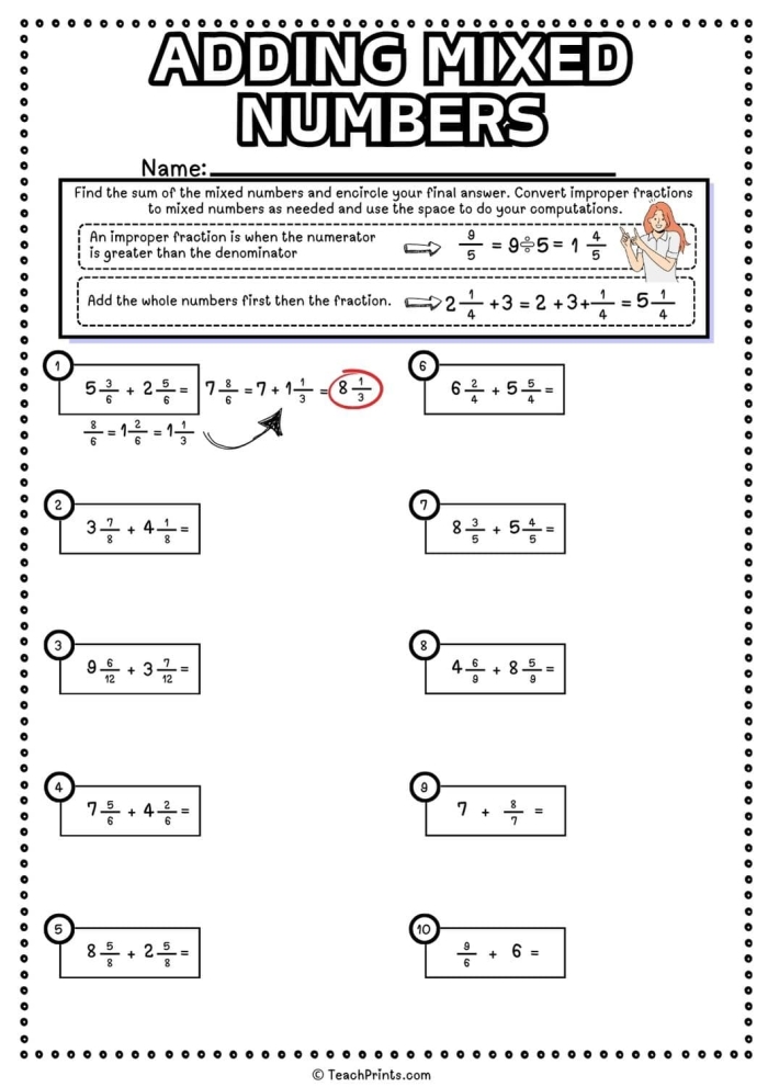 Fourth grade math worksheet showing shaded shapes used to solve addition and subtraction problems with mixed numbers