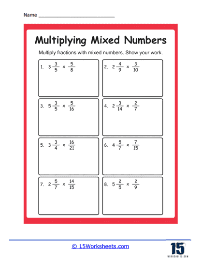 Fifth grade worksheet showing practice problems for multiplying mixed numbers together with step-by-step examples