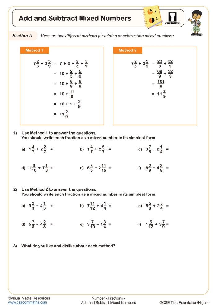 Fifth grade math worksheet showing step by step addition and subtraction of mixed numbers