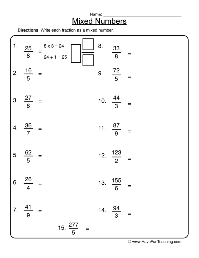Mixed Numbers Worksheet Number 20 for Third Grade Algebra Students Third grade math worksheet for identifying mixed numbers from visual diagrams