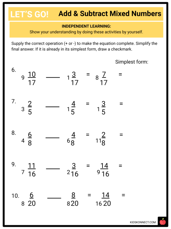 Fourth grade math worksheet featuring visual shaded shapes to practice adding and subtracting mixed numbers