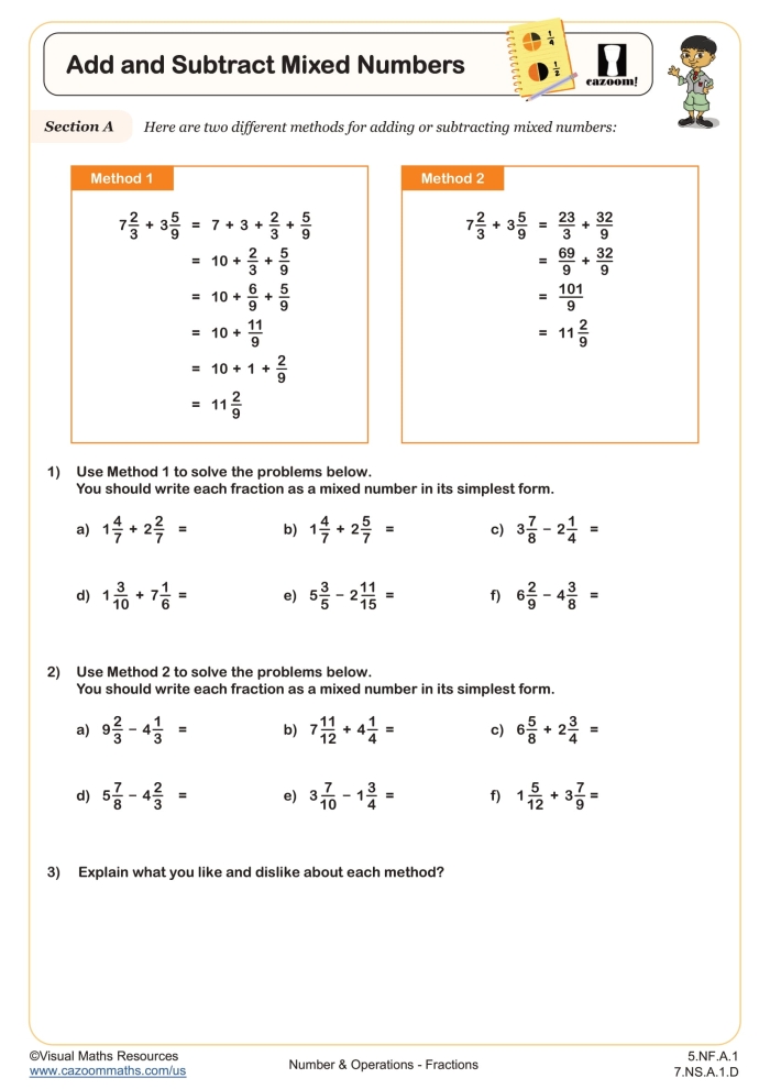 Fourth grade math worksheet showing shaded fraction shapes used to solve mixed number addition and subtraction problems image 12
