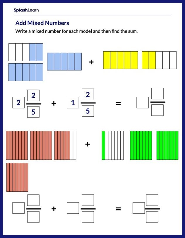 Fourth grade math worksheet featuring visual shaded shapes to practice adding and subtracting mixed numbers