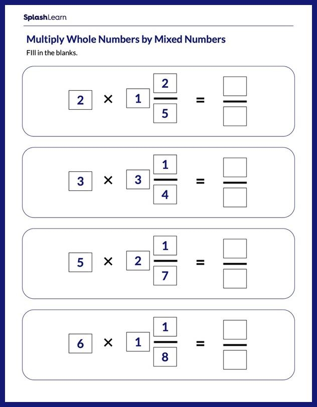 Fifth grade math worksheet showing a multiplication problem with a mixed number and a whole number