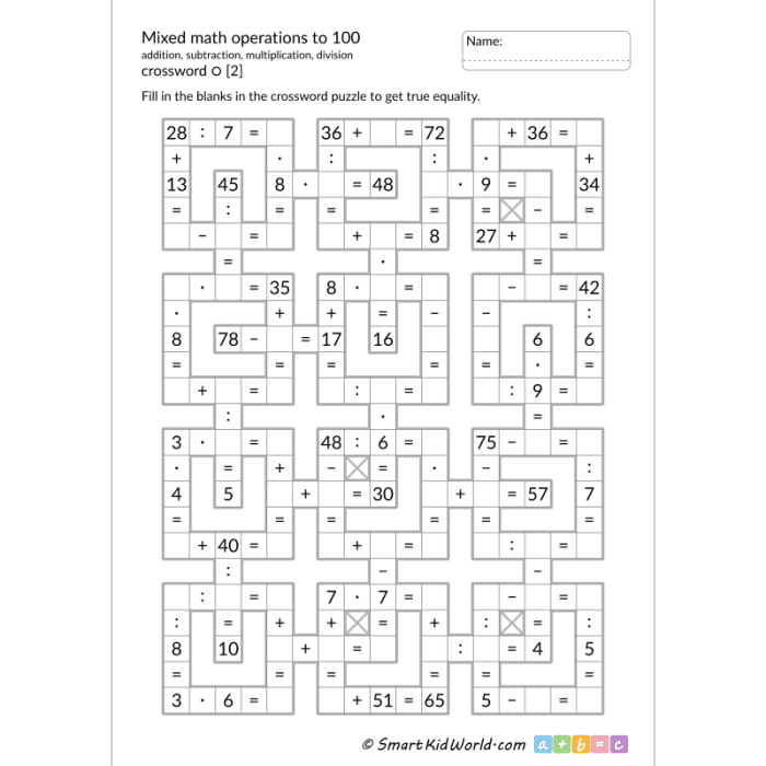Third grade math worksheet featuring a mixed operations crossword puzzle challenge