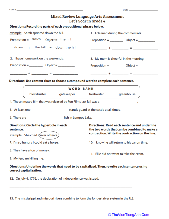 Geography worksheet for Fourth Grade Fourth-grade students engaging with a Mixed Review Language Arts Assessment worksheet titled Let's Soar. Worksheet image for assessing language arts skills in a diverse set of problems.