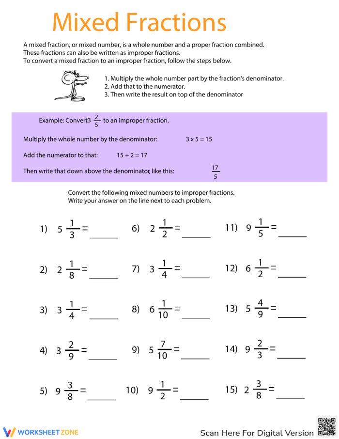 Mixed and Improper Fractions Worksheet Number 12 for Fifth Grade Math Students Fifth grade worksheet showing how to convert mixed fractions into improper fractions for geometry practice 12