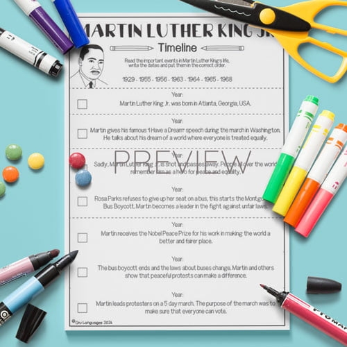 Martin Luther King Jr. Cut-and-Paste Timeline worksheet for third graders learning about his life