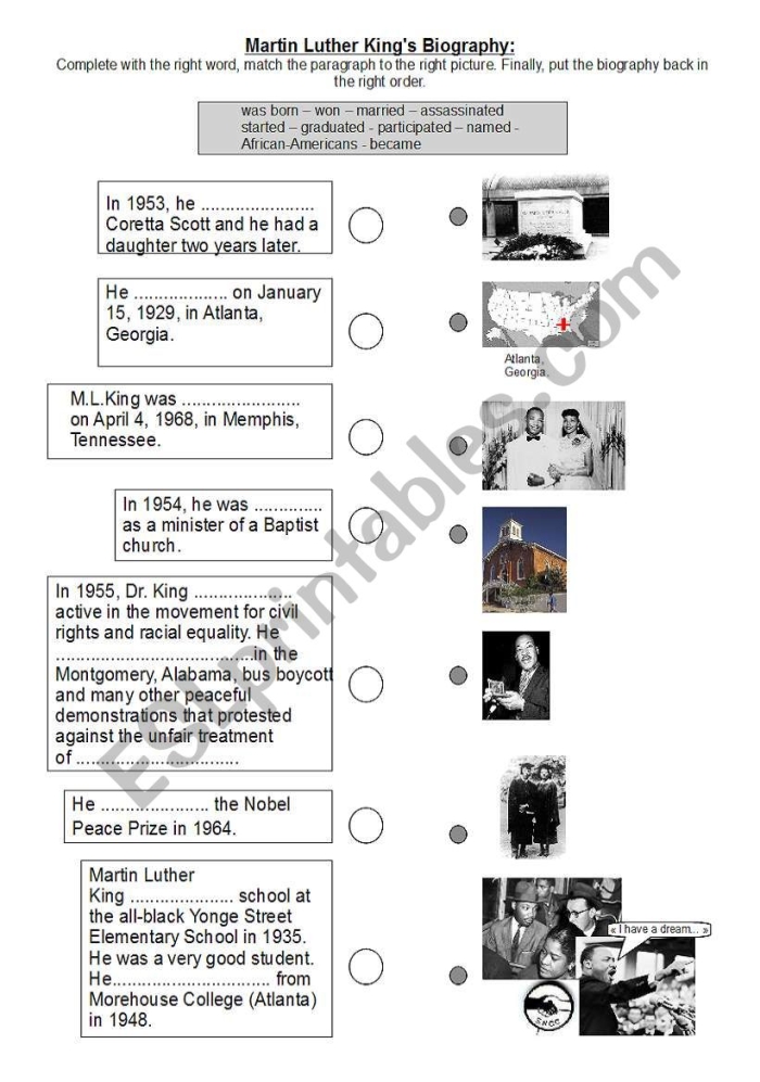 Martin Luther King Jr. Cut-and-Paste Timeline worksheet for third graders learning about history