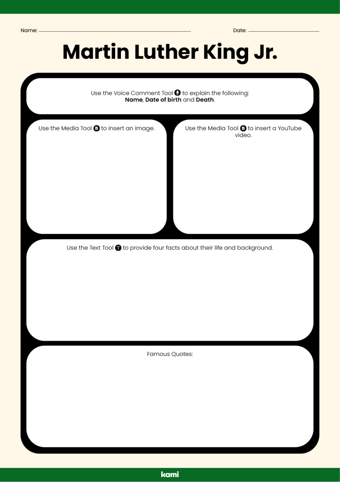 Third grade student completing a cut-and-paste timeline activity about the life of Martin Luther King Jr