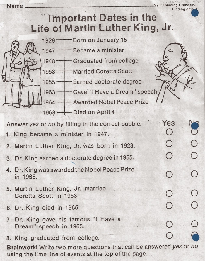 Martin Luther King Jr. Cut-and-Paste Timeline worksheet for third graders to explore his life events