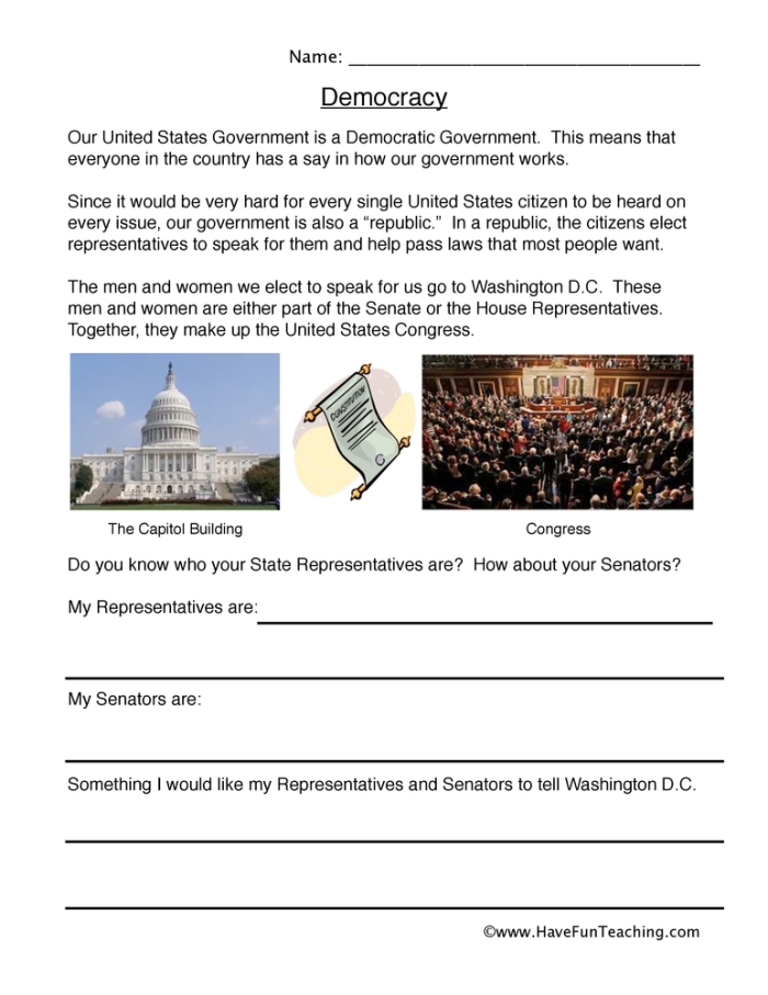 Illustration comparing monarchy and democracy for a fifth-grade history worksheet