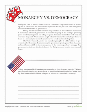 Worksheet comparing monarchy and democracy for fifth-grade history students