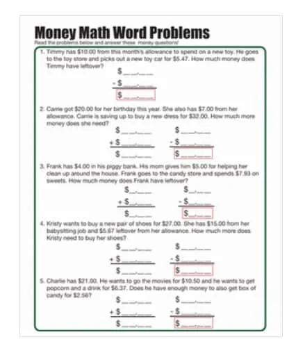 Second grade math worksheet for practicing addition through money word problems