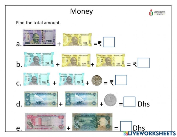 Writing worksheet for Second Grade Money Addition worksheet for second graders featuring coins and dollar bills for practice. Engaging exercise to teach kids how to add money for various items.