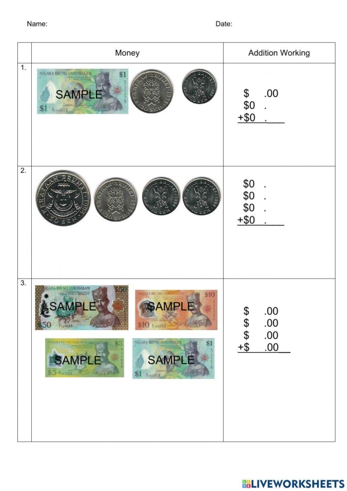 Writing worksheet for Second Grade Colorful money addition worksheet for second graders featuring coins and dollar bills. Engaging exercise to enhance children's understanding of adding money.