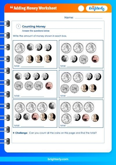 Engaging exercise to help children learn to add money and understand its value Money Addition worksheet for second graders featuring coins and dollar bills for practice