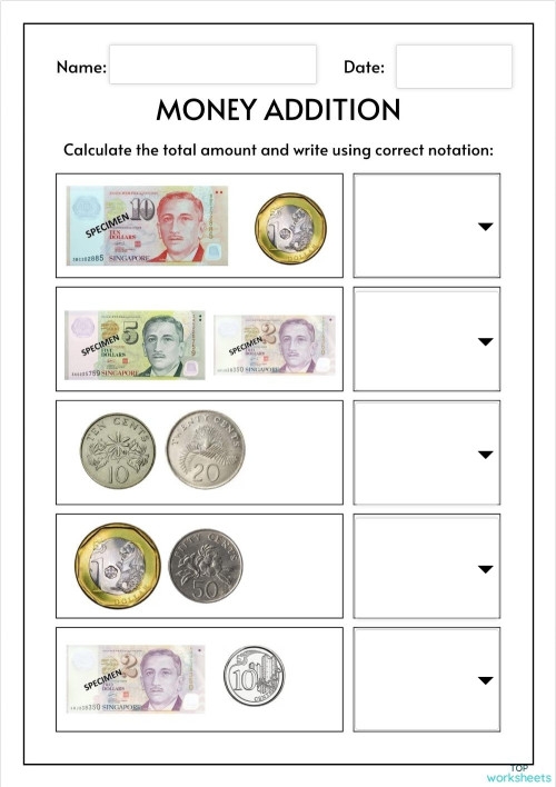 Writing worksheet for Second Grade Colorful money addition worksheet designed for second graders to practice adding coins and bills. Engaging exercise to help young learners understand basic money concepts.