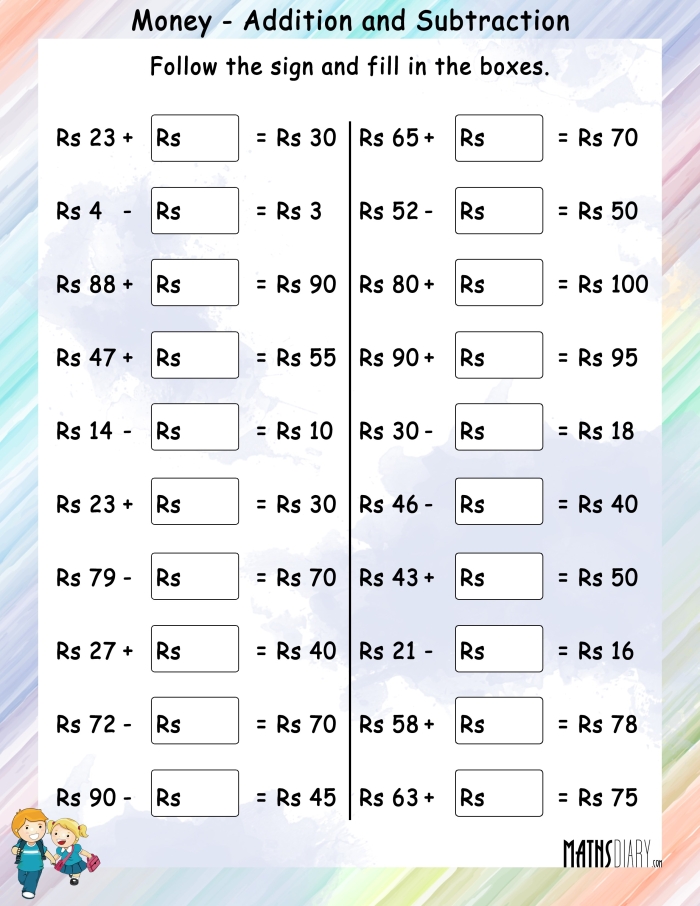 Interactive exercise to help children learn how to add money and make purchases Money Addition worksheet for second graders featuring coins and dollar bills for practice