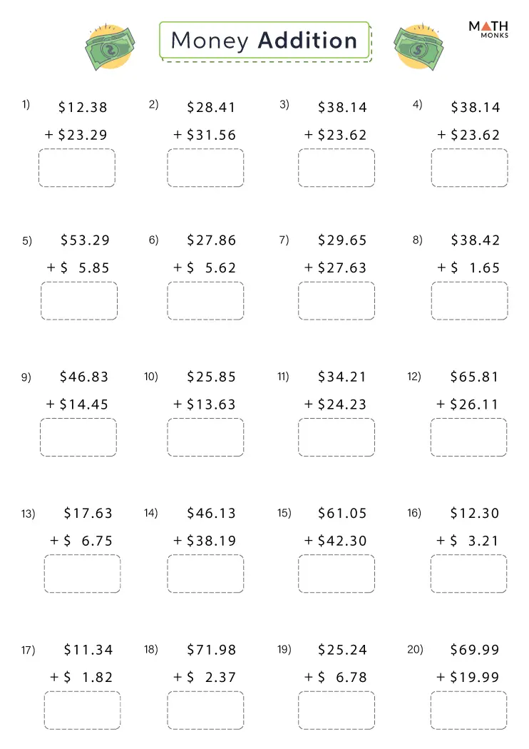 Writing worksheet for Second Grade Money Addition worksheet for second graders focusing on adding coins and bills to make purchases. Engaging exercise to help kids improve their money management skills.