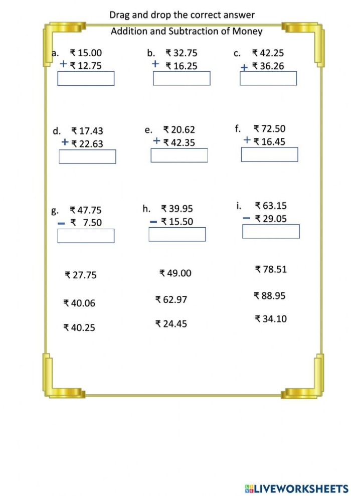 Writing worksheet for Second Grade Money Addition worksheet for second graders featuring coins and dollar bills to practice addition skills. Engaging exercise to help children learn to add money for purchasing items.