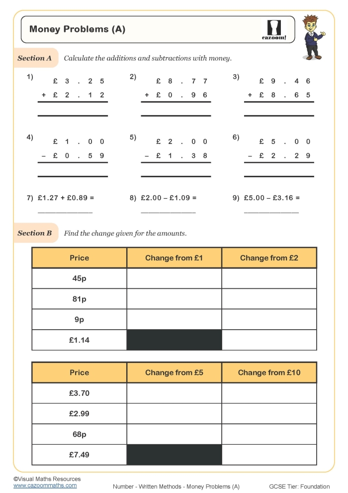 First grade student counting various coins to solve a multiple choice money quiz worksheet