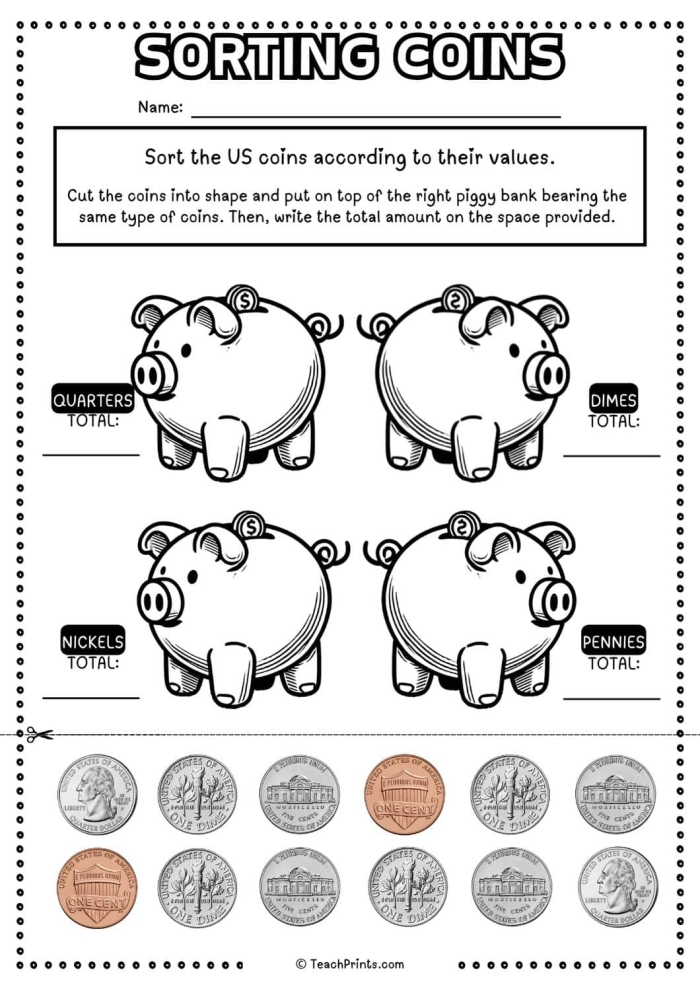 Engaging printable worksheet for practicing money skills in geometry for young learners Money Sort worksheet designed for kindergarteners to enhance their money counting abilities