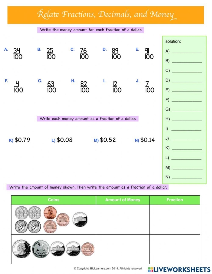 Fourth grade worksheet showing problems to rewrite money values using dollar signs and decimals