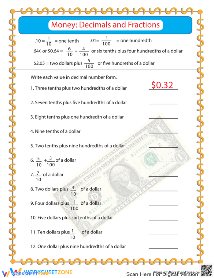 Fourth grade math worksheet showing money amounts written as fractions and decimals that students rewrite using dollar signs and decimal notation