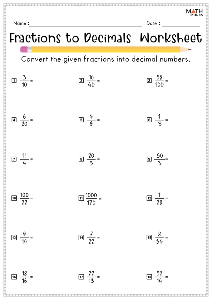 Fourth grade worksheet showing money practice exercises for converting values into fractions and decimals.