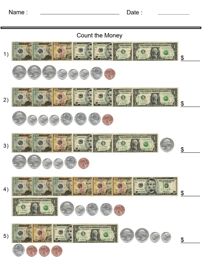 First grade math worksheet featuring Money Mania coin counting exercises for multiplication practice