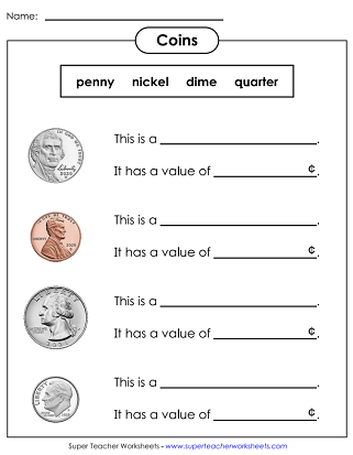 First grade students practicing math skills with the Money Mania: Coins multiplication worksheet 15