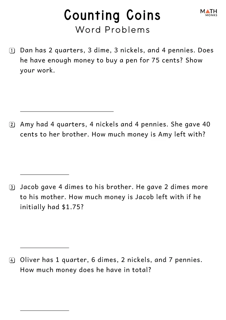 Second grade money math word problems worksheet featuring addition of dollars and cents