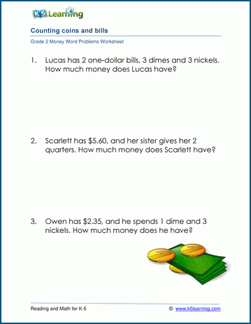 Second grade math worksheet featuring addition word problems involving money for students