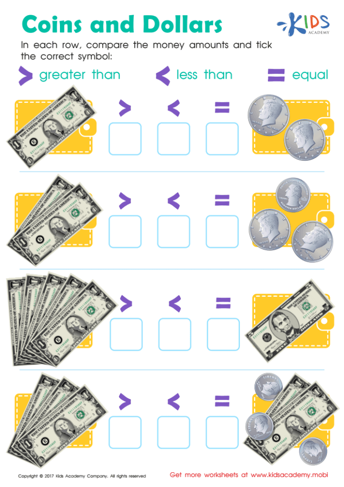 Second grade math worksheet featuring addition problems with US currency and coins for 4th lesson activity