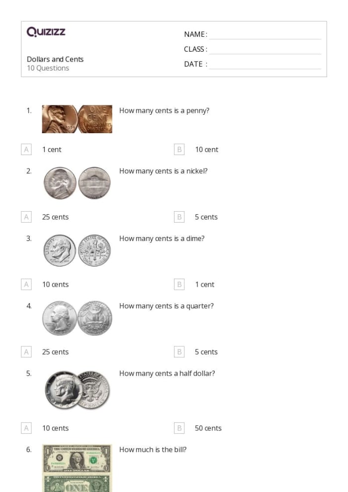 Worksheet for practicing addition of dollar amounts and coins for second graders